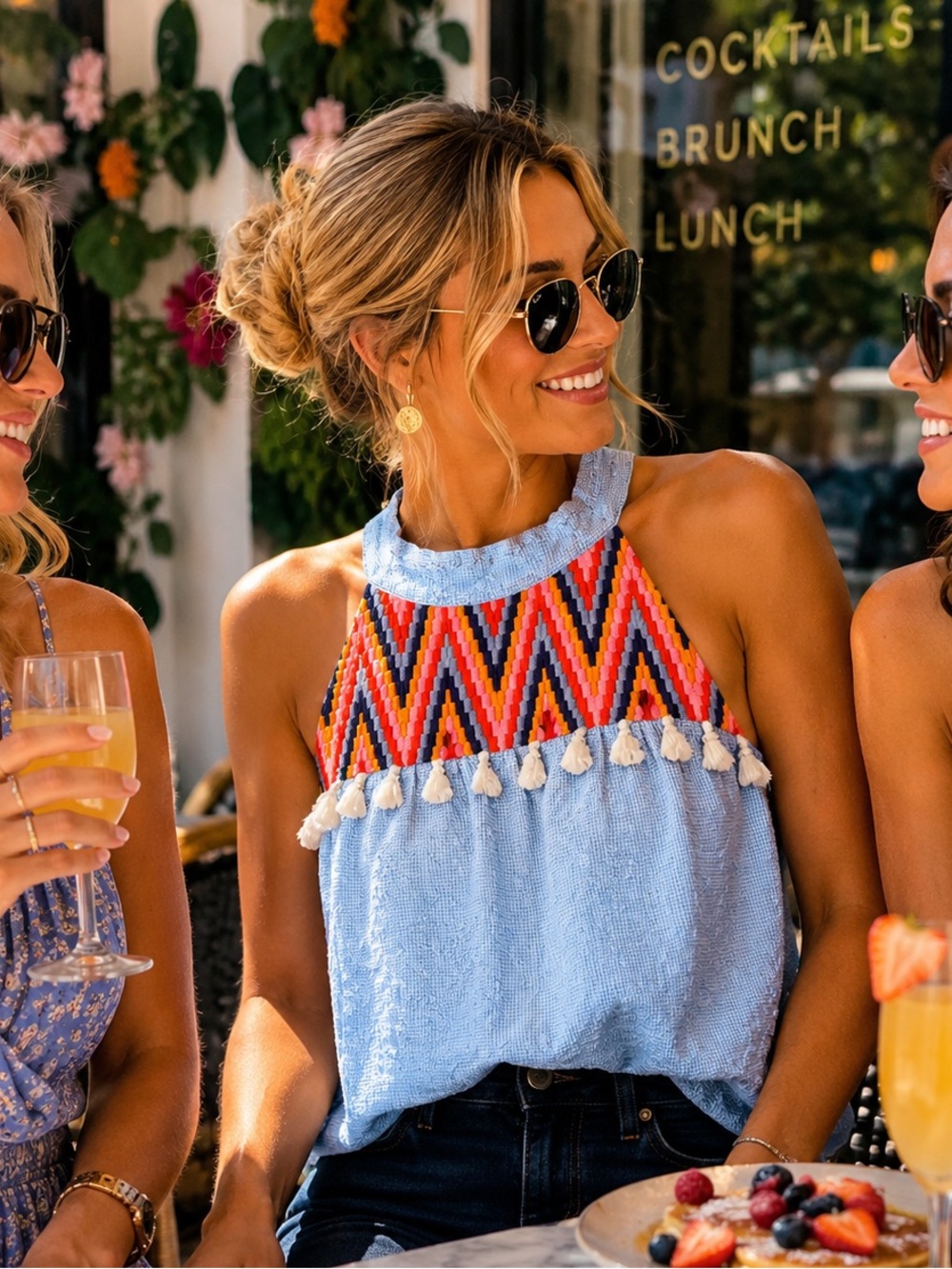 THML Blue Seersucker Embroidered Halter Blouse Top XS Boho Tassel